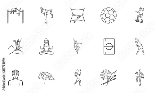Sports and gym hand drawn outline doodle icon set. Outline doodle icon set for print, web, mobile and infographics. Fitness, outdoor sport vector sketch illustration set isolated on white background.