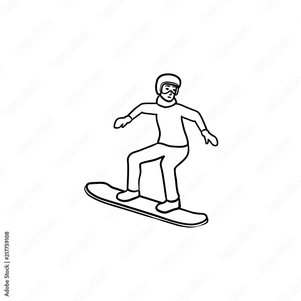 Snowboarder hand drawn outline doodle icon. Snowboarding equipment, snowboard riding and lifestyle concept. Vector sketch illustration for print, web, mobile and infographics on white background.
