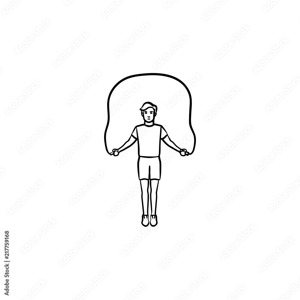 Sportsman skipping over jump rope hand drawn outline doodle icon. Fitness workout, bodybuilding concept. Vector sketch illustration for print, web, mobile and infographics on white background.
