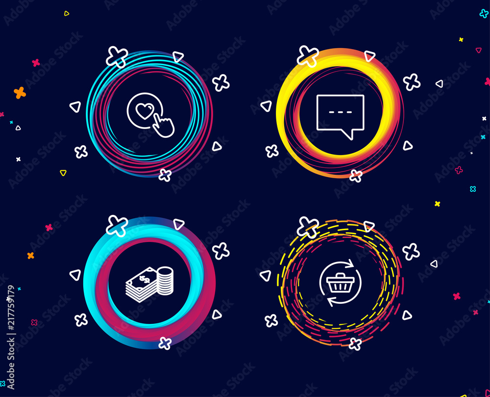 Set of Savings, Blog and Like button icons. Refresh cart sign. Finance currency, Chat message, Press love. Online shopping.  Circle banners with line icons. Gradient colors shapes. Vector