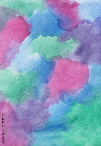 Colorful watercolor backdrop. Pink, green, blue, purple aquarelle background hand painted. Multicolored watercolour abstract painting