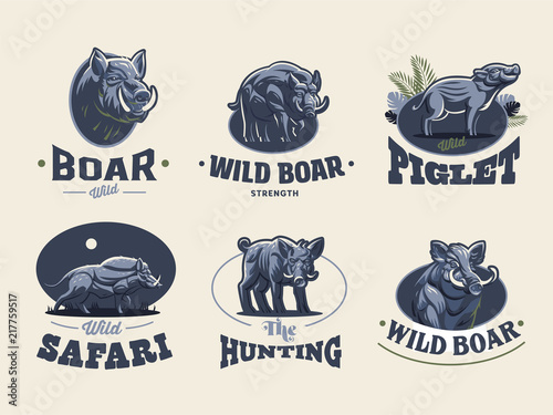 Set of vintage wild boar emblems. 