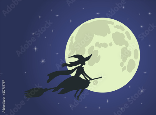 Halloween: witch flies on broomstick, full moon