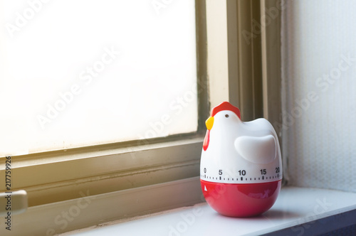 Modern chicken timer next to windows with warm sunrise lighting, bell timer lay on room