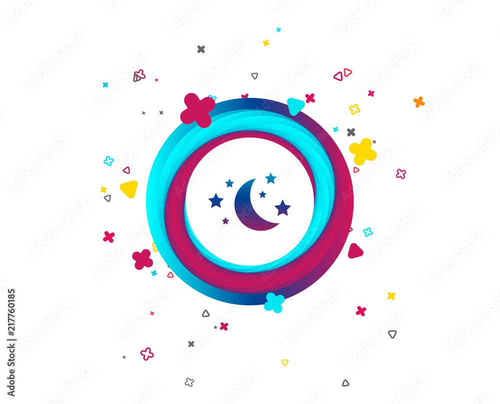 Moon and stars icon. Sleep dreams symbol. Night or bed time sign. Colorful button with icon. Geometric elements. Vector