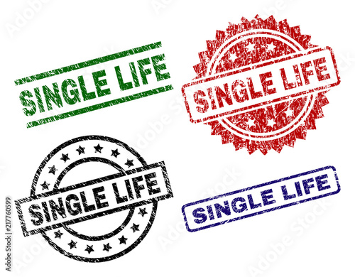 SINGLE LIFE seal prints with damaged texture. Black, green,red,blue vector rubber prints of SINGLE LIFE label with dust surface. Rubber seals with circle, rectangle, medal shapes.