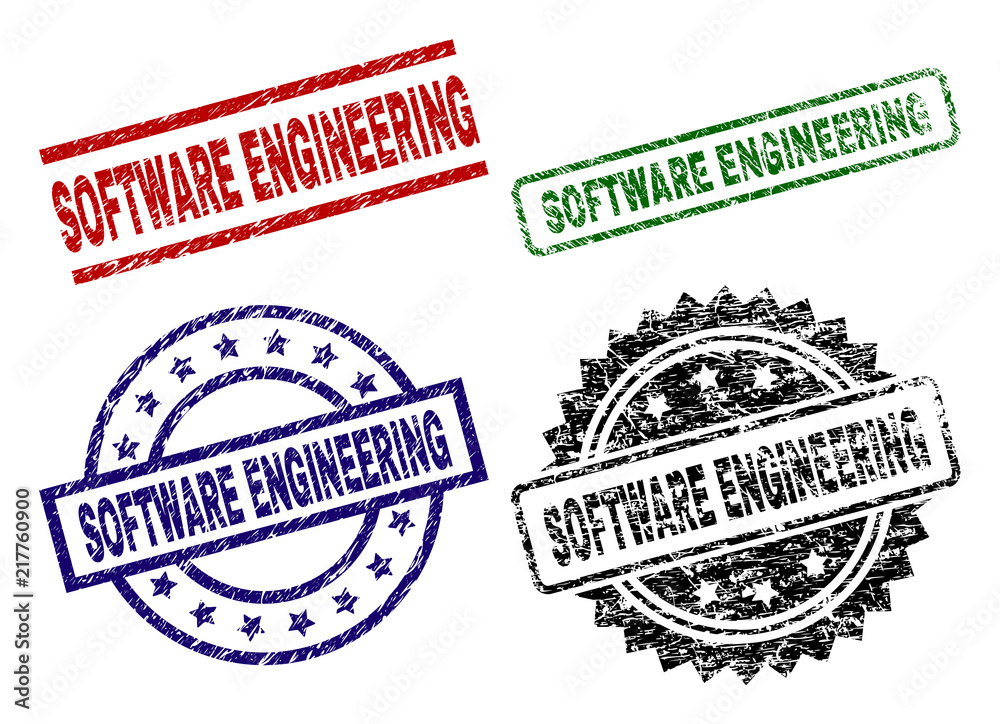 SOFTWARE ENGINEERING seal prints with corroded surface. Black, green,red,blue vector rubber prints of SOFTWARE ENGINEERING caption with grunge surface. Rubber seals with round, rectangle,