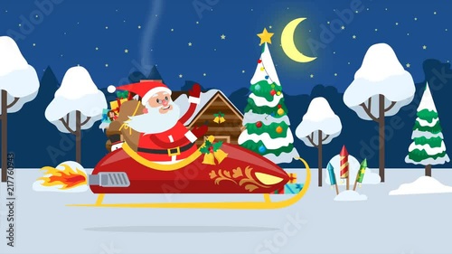 Santa Claus flying across winter forest