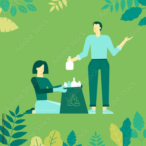Vector illustration in flat linear style -  recycle concept - characters holding boxes and bins and collecting trash for recycling