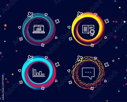 Set of Histogram, Diploma and Online statistics icons. Blog sign. Economic trend, Document with badge, Computer data. Chat message.  Circle banners with line icons. Gradient colors shapes. Vector