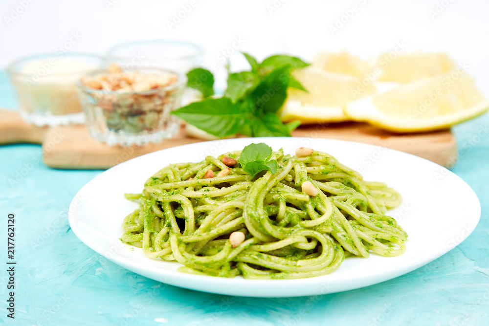 Italian pasta spaghetti with homemade basil pesto