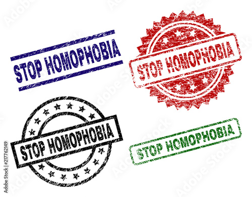 STOP HOMOPHOBIA seal prints with damaged surface. Black, green,red,blue vector rubber prints of STOP HOMOPHOBIA caption with retro surface. Rubber seals with round, rectangle, rosette shapes.