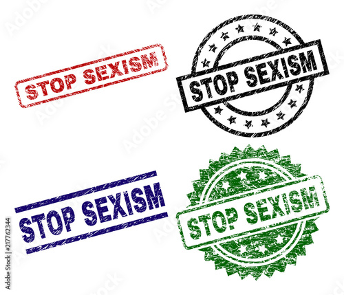 STOP SEXISM seal prints with distress surface. Black, green,red,blue vector rubber prints of STOP SEXISM caption with dust surface. Rubber seals with circle, rectangle, medal shapes.