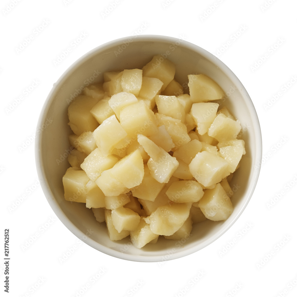 Potato on bowl. Preparing ingredients for cooking. Isolated on white background. Top view.