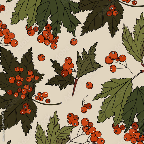 Rowan colored red berry with green leaves  pattern. Nature branch  cover decoration. Wildflower sorbus plant with leaves and berries. Autumn botanical isolated wrap.