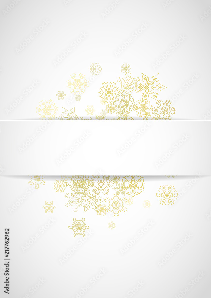 New Year snow on vertical white paper background. Gold glitter snowflakes. Christmas and New Year snow falling backdrop. For season sales, special offers, banner, cards, party invite, flyer.