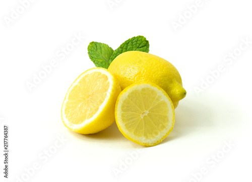 fruite lemon yellow with peppermint leaf isolated on white background