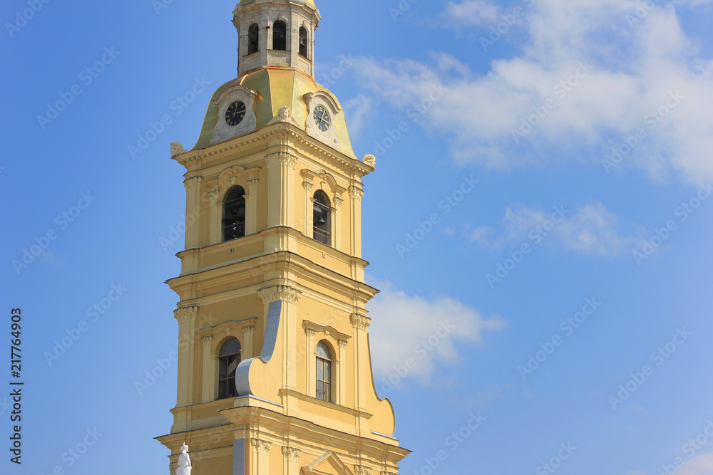Peter and Paul Cathedral at Peter and Paul Fortress in Saint Petersburg, Russia. Close Up Detailed View of Beautiful Simple Bell Tower of Russian Orthodox Church. St. Petersburg City Sights on Summer.