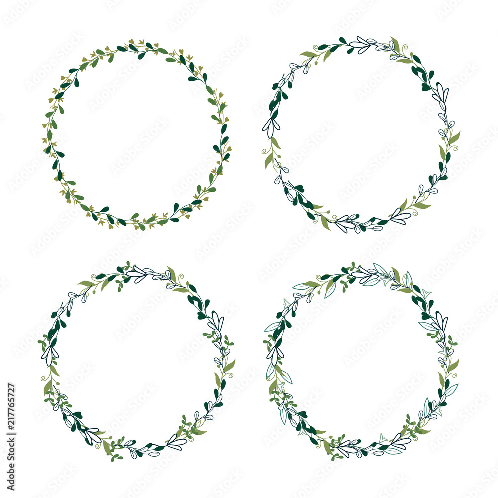 Set Eco-frame, round wreath for greeting card design, wedding invitations, logos, business cards, printed editions. Green botanical template with text. Flower elements, bushes, branches, leaves. Set Eco-frame, round wreath for greeting card design, wedding invitations, logos, business cards, printed editions. Green botanical template with text. Flower elements, bushes, branches, leaves.