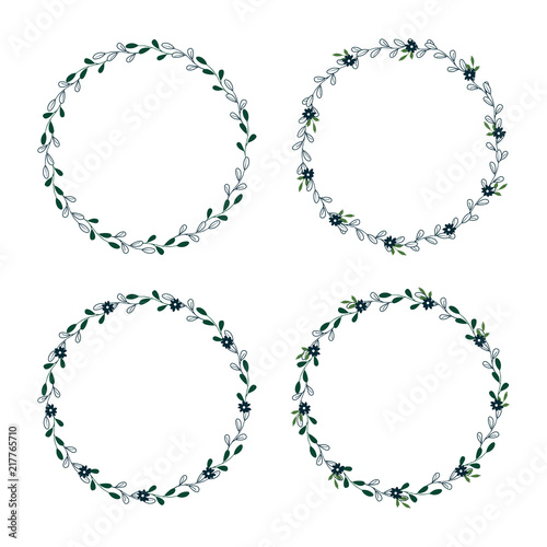 Set Eco-frame, round wreath for greeting card design, wedding invitations, logos, business cards, printed editions. Green botanical template with text. Flower elements, bushes, branches, leaves.