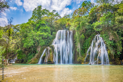 Amazing crystalline blue water of Tamasopo waterfalls at Huasteca Potosina in San Luis Potosi  Mexico