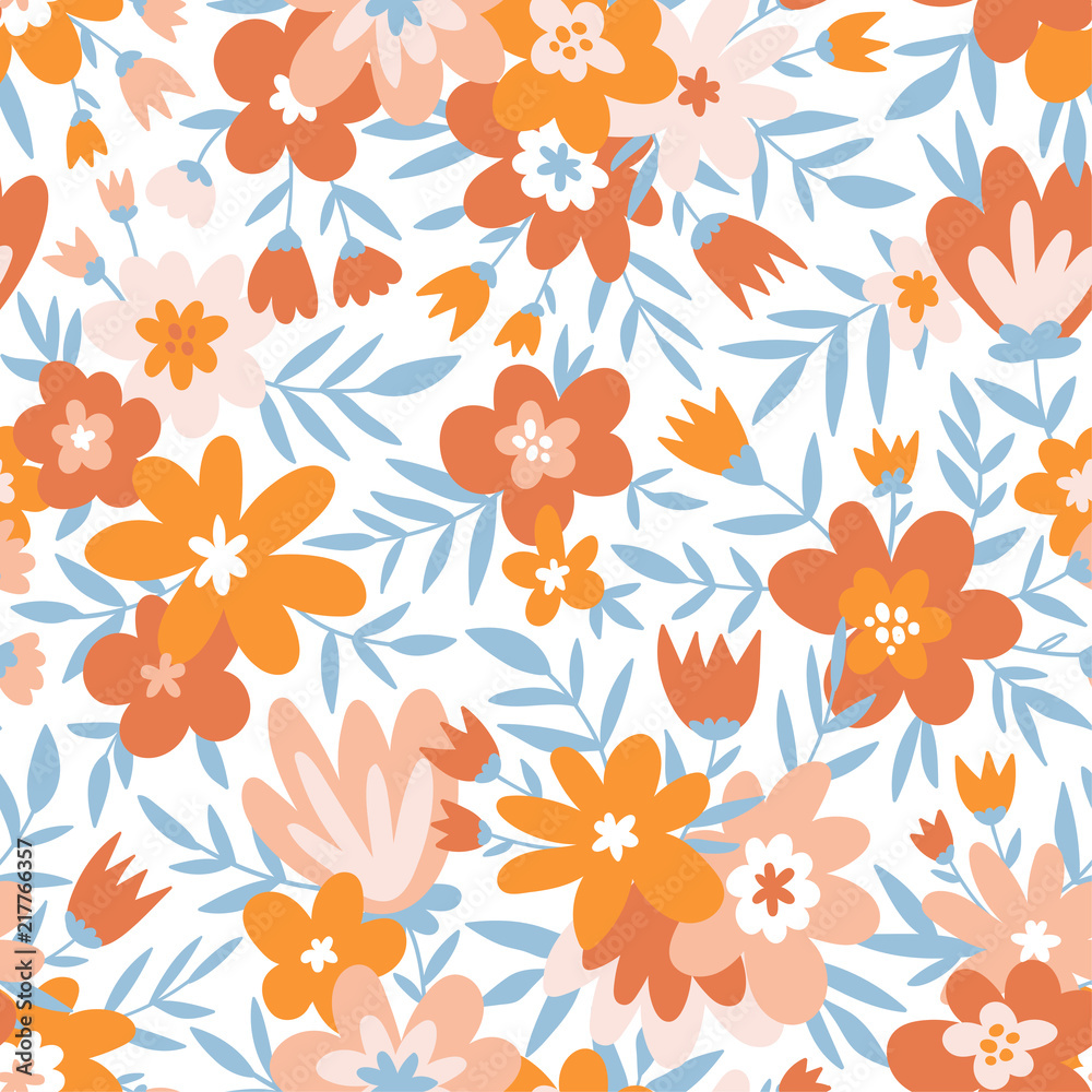 Trendy seamless floral ditsy pattern. Fabric design with simple flowers. Vector cute repeated pattern for baby fabric, wallpaper or wrap paper.