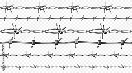 Barbed or barb wire vector illustration of seamless realistic 3D metallic fence wires with sharp edges isolated on white background photo