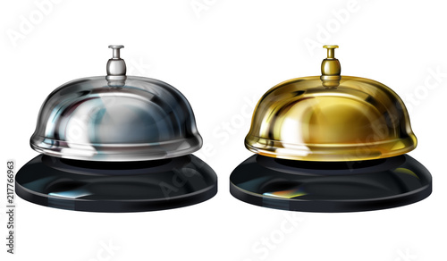 Service bells vector illustration of realistic 3D hotel concierge service or office reception gold and silver plated bells. Isolated on white background