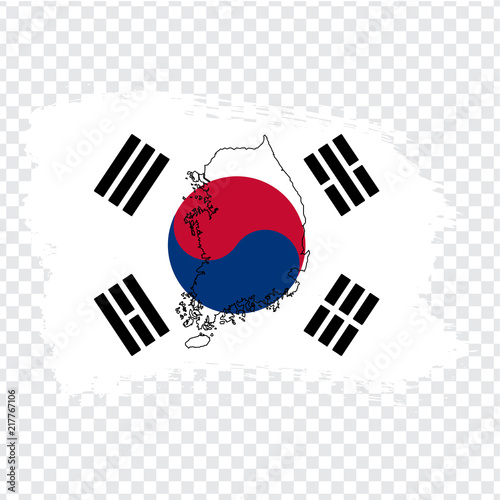 Flag of South Korea from brush strokes and Blank map South Korea. High quality map of South Korea on transparent background. Stock vector. Vector illustration EPS10. 