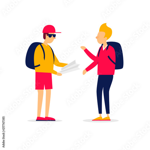 People with map in hand, travel, adventure, holiday, summer. Flat style vector illustration. 