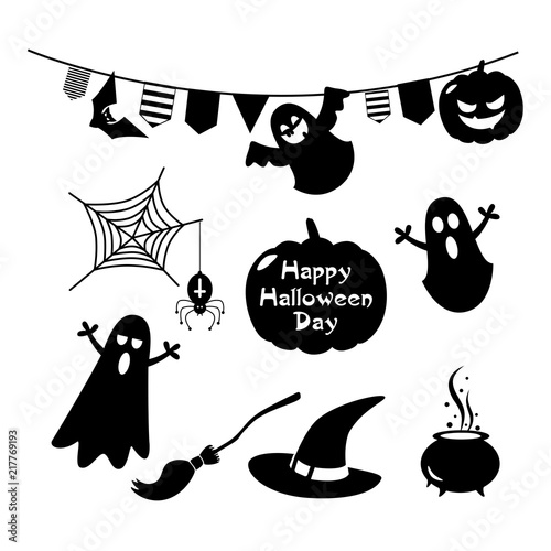 set of vector drawings for a holiday of halloween with pumpkins and characters
