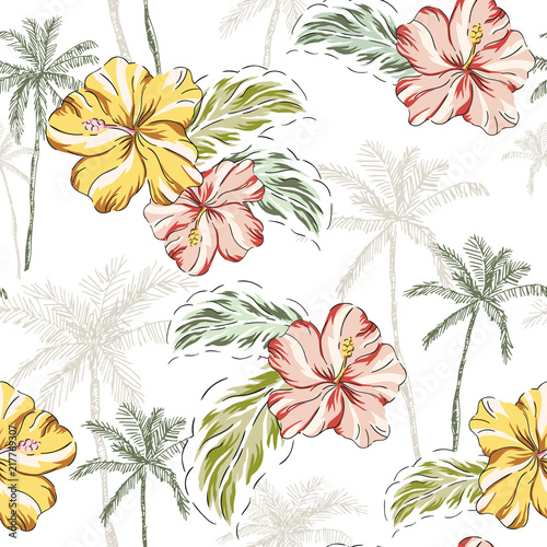 Tropical hibiscus flowers, palm trees, leaves background. Vector seamless pattern. Jungle illustration. Exotic plants. Summer beach floral design. Paradise nature graphic
