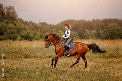 Young woman jockey gallop brown horse strolling across field. Concept rest for rich people.