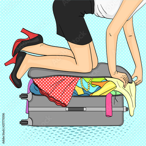 Pop art background.Tema travel and female gathering. Things that do not fit into the suitcase. Vector