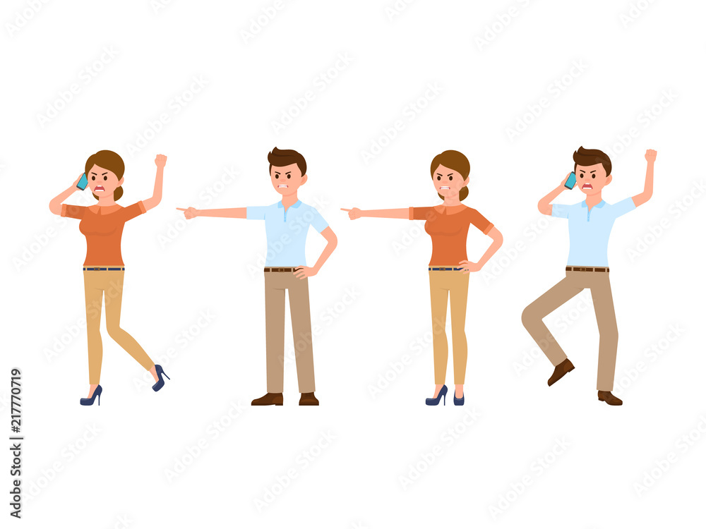 Angry business man and woman talking on phone and pointing finger. Office workers cartoon characters Angry business man and woman talking on phone and pointing finger. Office workers cartoon characters