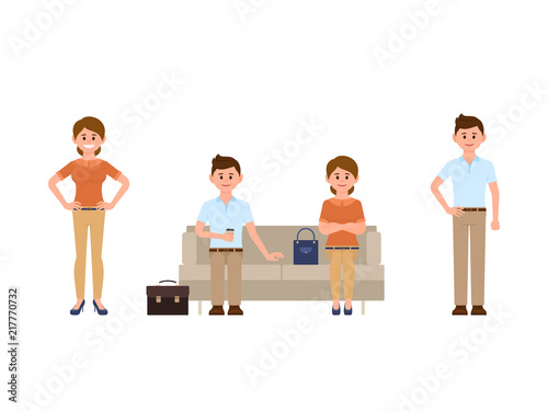 Happy woman sitting on sofa with crossed hands, man drinking coffee. Cartoon character men and women standing and smiling