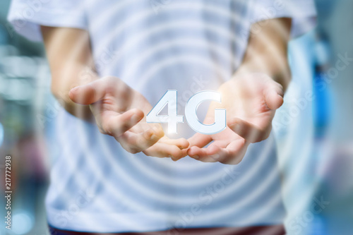 Hand woman showing 4g Connection concept .