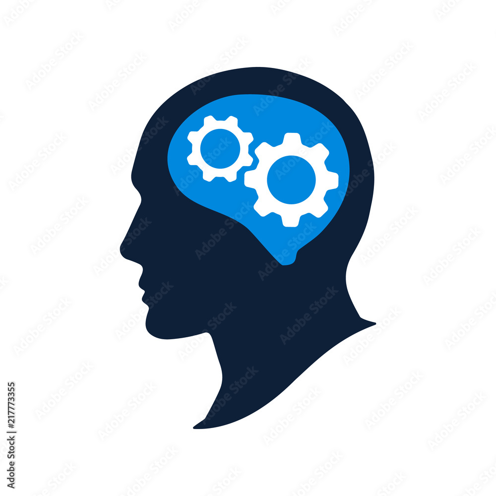 Silhouette human head with gears vector illustation. Thinking brain icon. Profile of a person