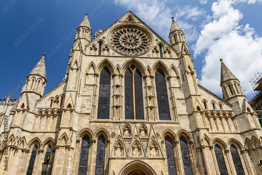 Gorgeous clear sunny day view of York Minster Cathedral in Yorkshire , England UK.