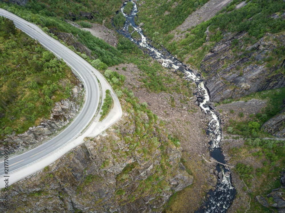 Highway and river in Eidfjord, Norway.