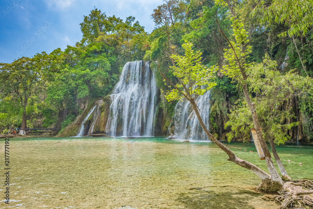Amazing crystalline blue water of Tamasopo waterfalls at Huasteca