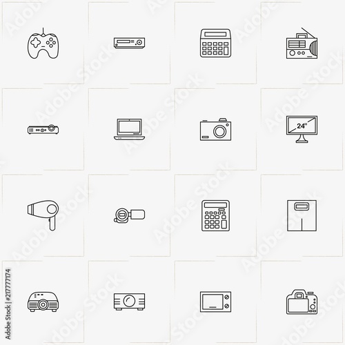 Electronic Devices line icon set with photo camera, video camera with display and radio receiver