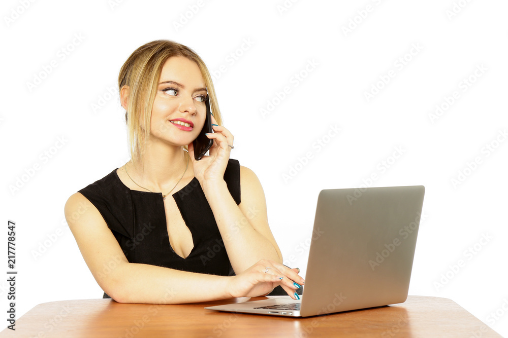 Girl businesswoman working behind laptop, computer and mobile phone isolated on white background Girl businesswoman working behind laptop, computer and mobile phone isolated on white background
