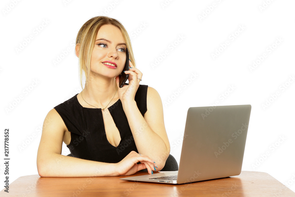 Girl businesswoman working behind laptop, computer and mobile phone isolated on white background Girl businesswoman working behind laptop, computer and mobile phone isolated on white background