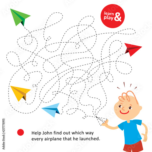 Entertaining challenge game for children. Help John find which way every paper airplane that he launched. Logic maze for kid and parent. Learn and play. Vector isolated. Hand draw illustration