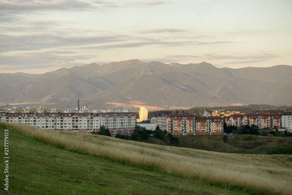 Sunrise and sunset over the buildings in the Zilina city. Slovakia 
