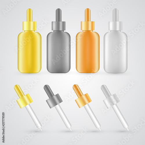 Beauty product glass bottles template set with droplets isolated on white background. Golden, silver and plastic container materials for skin care essences, organic serums, acids or nutritive oils.