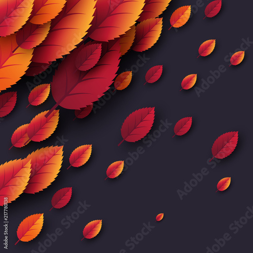 3d realistic autumn fall leaves. Autumnal background in dark colors. Design for web, print, wallpaper. Vector illustration.