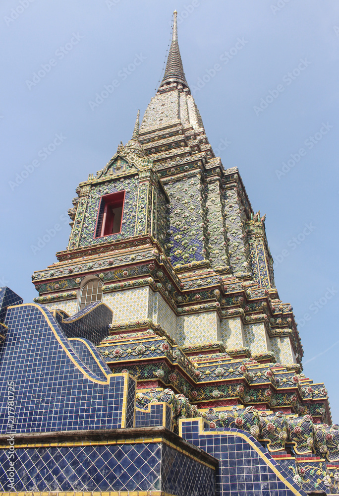 Beautiful blue stupa of Temple of the Reclining Buddha, or Wat Pho, in Bangkok, Thailand.