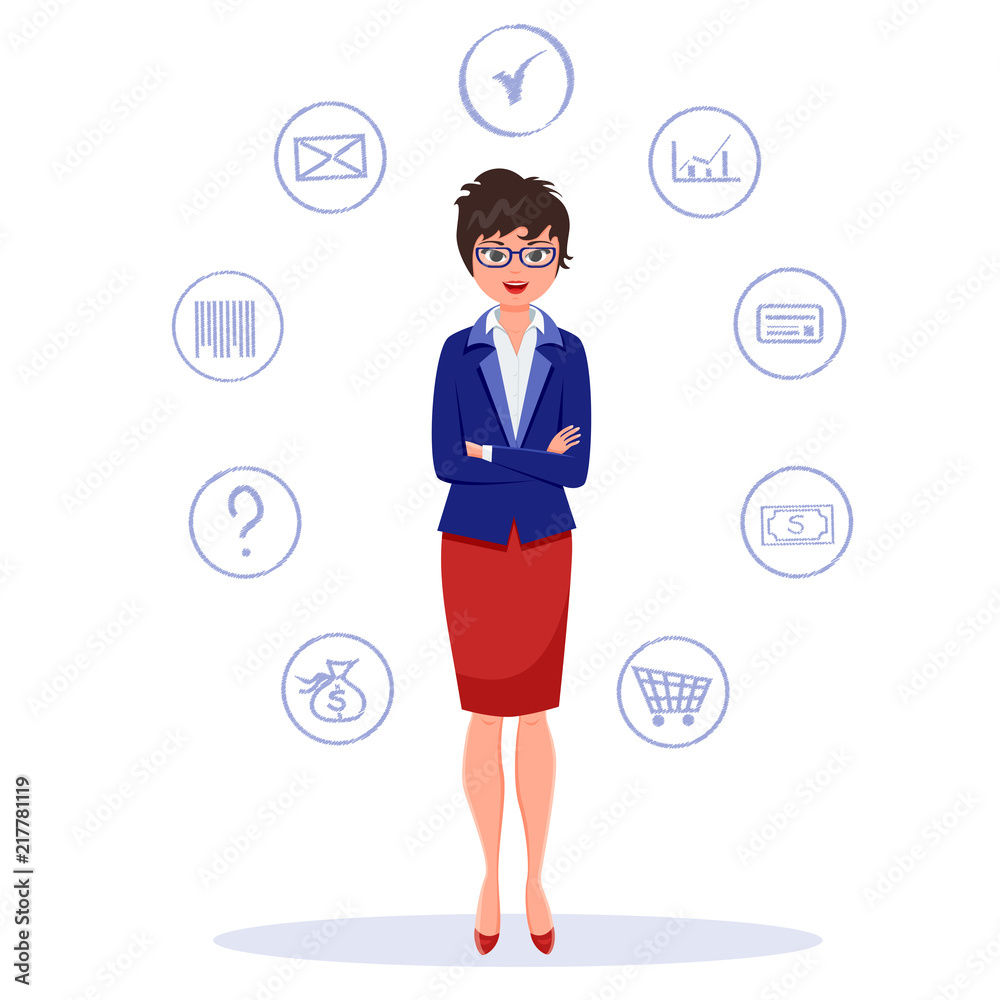 Business woman in red skirt, blue costume and stylish glasses, has short haircut stands arms across surrounded by hand written finance icons. Vector illustration colorful isolated on white background Business woman in red skirt, blue costume and stylish glasses, has short haircut stands arms across surrounded by hand written finance icons. Vector illustration colorful isolated on white background
